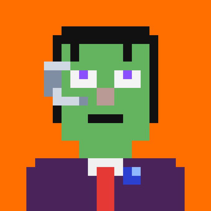 A pixel-art style portrait depicts a green-skinned character with black hair, wearing a purple suit, red tie, and headset against a bright orange background, evoking the iconic "Stonks" meme. The image humorously illustrates the post's joke by presenting the character as a "StonkBroker" while the headpiece includes what appears to be a brokering device, tying into the meme's commentary on token trading.