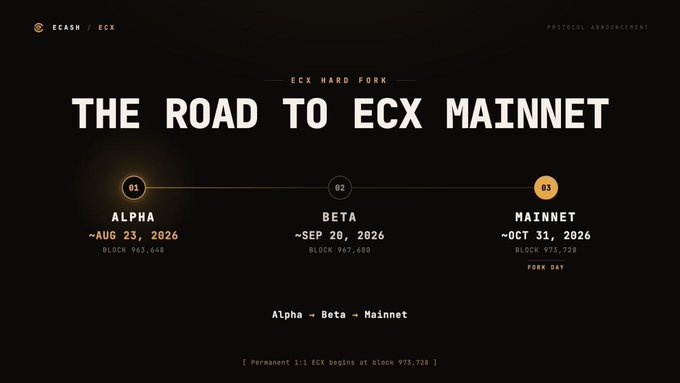 The image is a dark-themed infographic titled "ECX HARD FORK: THE ROAD TO ECX MAINNET," outlining a three-phase rollout for the ECX ticker: Alpha (~Aug 23, 2026, block 963,648), Beta (~Sep 20, 2026, block 967,680), and Mainnet (~Oct 31, 2026, block 973,728 / Fork Day), with a note that "Permanent 1:1 ECX begins at block 973,728." This timeline visually maps the post’s announcement that BTCdrivechains has progressed from its successful Alpha phase—highlighted by the 9.44 PH/s hash rate across seven pools—into its current Beta stage at the noted block.