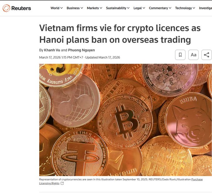 A Reuters news article dated March 17, 2026, titled "Vietnam firms vie for crypto licences as Hanoi plans ban on overseas trading," accompanied by an illustration of physical cryptocurrency coins including Bitcoin (BTC), XRP, Shiba Inu, and Tether (USDT). The image visually supports the post's theme of Vietnam's impending regulatory crackdown on overseas exchanges like Binance, highlighting the specific cryptocurrencies that could be affected.