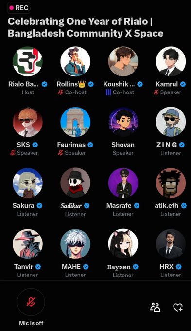A screenshot of a live recording for 'Celebrating One Year of Rialo | Bangladesh Community X Space,' displaying various speakers and listeners with anime-style avatars.
