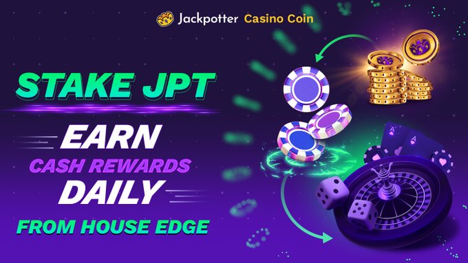 A promotional graphic for 'Stake JPT' by Jackpotter Casino Coin, advertising the ability to 'EARN CASH REWARDS DAILY FROM HOUSE EDGE' with imagery of poker chips, gold coins, and a roulette wheel.