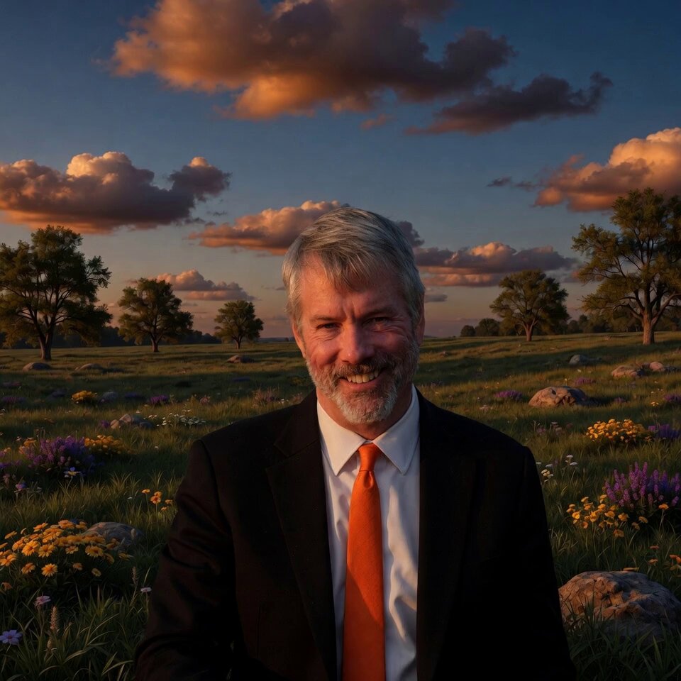 The image features an older man wearing a suit and tie sitting in a field of flowers with trees in the background. The man appears to be smiling for the camera while posing in front of this picturesque scene, which could potentially be related to a post about cryptocurrency trading strategies or market trends.

In the image, there are several rocks scattered around the area where the man is sitting and standing. Additionally, there are multiple flowers visible throughout the field, adding to the overall beauty of the scene. The presence of these elements creates an atmosphere that evokes a sense of tranquility and appreciation for nature's beauty.