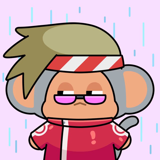 A cartoon illustration of a monkey-like character with gray hair and a red/white striped headband, wearing pink-lensed sunglasses and a red jacket, set against a pink background with falling rain.