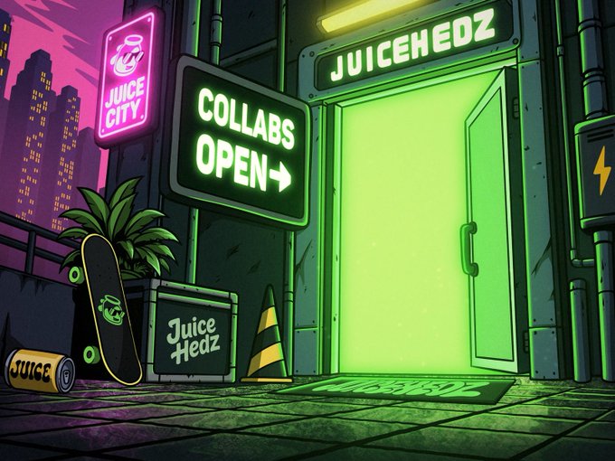 A neon-lit cyberpunk storefront glows green at night, featuring signs reading "JUICE CITY," "COLLABS OPEN," and "JUICE HEDZ," alongside a skateboard, traffic cone, and a juice can labeled "JUICE." The vibrant, glowing entrance visually reinforces the post's call to action, inviting collaborators to step inside and "get Juiced."
