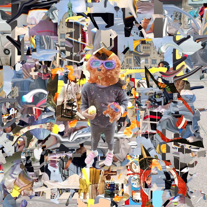 A surreal AI-generated collage featuring a brown teddy bear with sunglasses wearing a gray outfit, holding an apple and a smaller teddy bear, set against a chaotic background of distorted images and architectural elements.