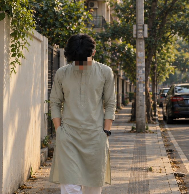 A man in a beige kurta and white pants stands on a paved sidewalk lined with trees, with parked cars visible on the street.
