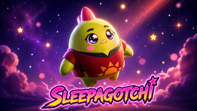 The image features a cartoon character, likely a green frog or monster, wearing a red shirt with a sun design on it. The character appears to be floating in space surrounded by stars and clouds. The text "SLEEPAGOTCHI" is written below the character, which could possibly be a reference to the game's title or a promotional slogan for the game.