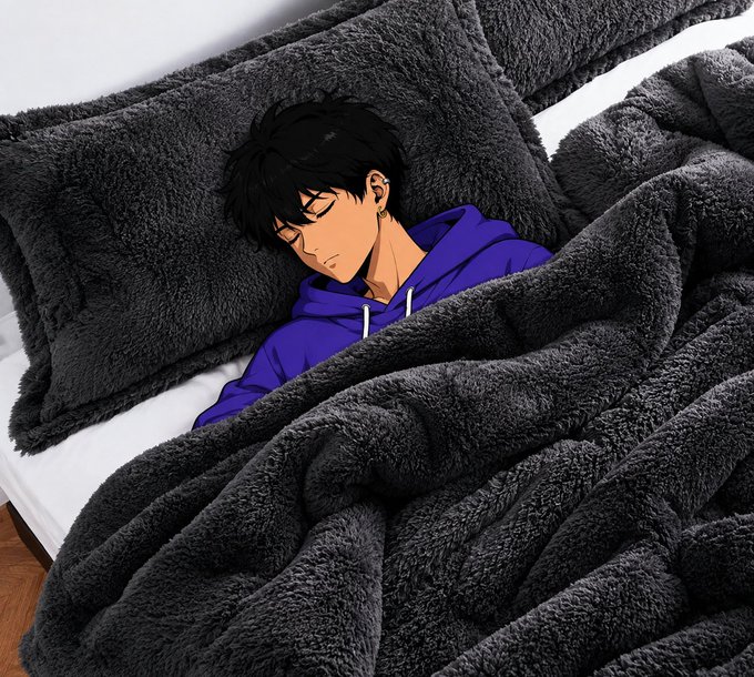 Anime illustration of a dark-haired male character sleeping in bed wearing a blue hoodie, covered by a dark gray fleece blanket.