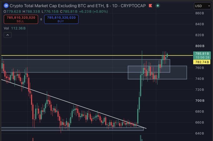 A TradingView chart of 'Crypto Total Market Cap Excluding BTC and ETH' (CRYPTOCAP) with a descending trendline that has been broken, showing price near 785.81B.