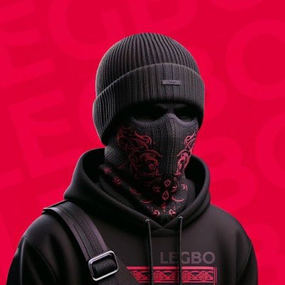 A digital illustration features a person wearing a black beanie, a black hoodie with "LEGBO" text, and a black face mask with red patterns, set against a red background.