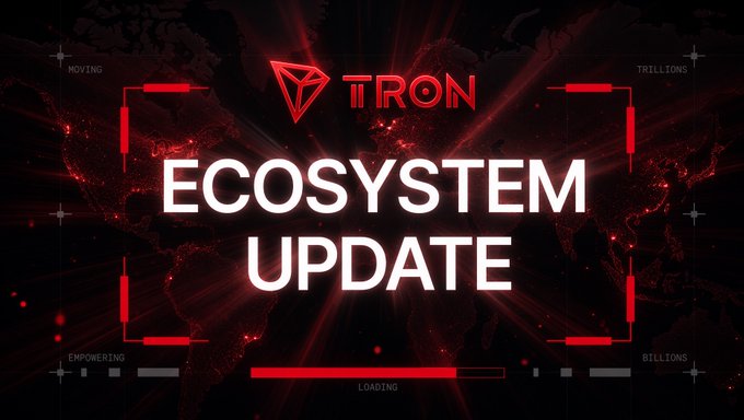 The image is a stylized "Ecosystem Update" banner for Tron, featuring the TRON logo in red against a dark world map background with a loading progress bar at the bottom. Corner text reads "MOVING TRILLIONS," "EMPOWERING BILLIONS," and "LOADING," visually reinforcing the accompanying post's message that the Tron ecosystem continues to reach notable milestones and gain traction in traditional finance, exemplified by S&P Global's launch of the S&P Pantera Digital index on Tron.