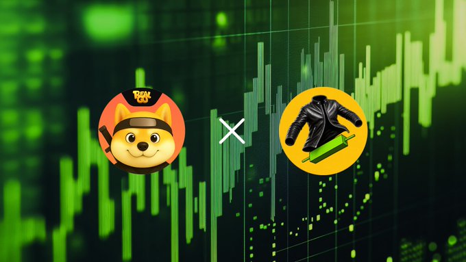 The image features two meme coin logos—Pei Dog (PIDOG) on the left and a leather jacket meme (JACKET) on the right—separated by a multiplication "×" sign against a green candlestick chart background, visually representing the partnership announcement between the two projects.