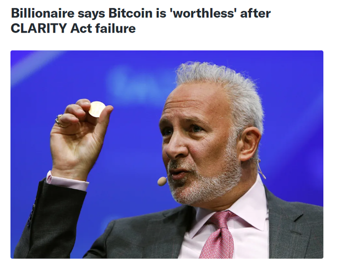 A news headline reads 'Billionaire says Bitcoin is 'worthless' after CLARITY Act failure' above an image of a gray-haired man in a suit holding up a Bitcoin coin on a stage.
