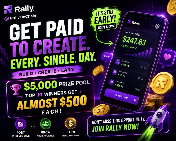 The image shows an app advertisement featuring a cell phone with a gaming interface displayed against a dark background. The central focus of the advertisement is a $5,000 prize pool for the app creators who participate in the challenge. Below this, there's a message encouraging users to "Don't miss this opportunity. Join RallyOnChain now and win big".