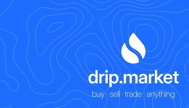 A blue graphic with topographic line patterns featuring a white droplet logo and the text 'drip.market' with the tagline 'buy · sell · trade · anything' below it.