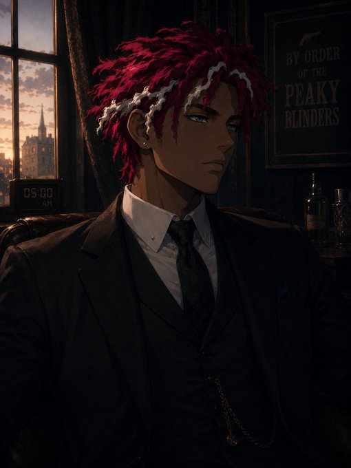 An anime-style illustration of a young man with bright red hair and a white headband, wearing a formal black suit, sitting in a dark room with a 'BY ORDER OF THE PEAKY BLINDERS' sign on the wall.