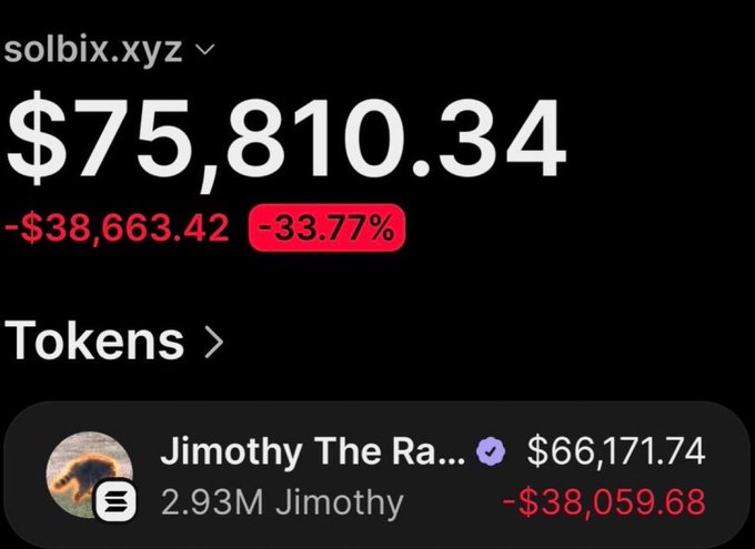 A wallet (solbix.xyz) shows a portfolio value of $75,810.34, down $38,663.42 (-33.77%), with its largest holding being 2.93M $JIMOTHY tokens worth $66,171.74 — illustrating the post's claim of a trader turning $76 into $76K from a $JIMOTHY call.