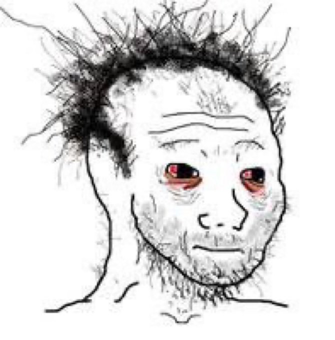 A black-and-white sketch of a disheveled, exhausted-looking man with sunken, bloodshot red eyes and messy hair, commonly known as the 'Wojak' or 'Doomer' meme.