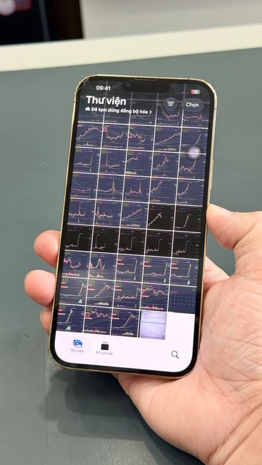 A photograph of a hand holding a smartphone displaying a grid of stock chart thumbnails under the Vietnamese heading 'Thư viện' (Library).