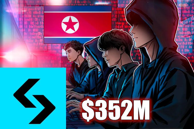 The image depicts hooded figures working at computers in front of a North Korean flag, suggesting North Korean hackers, with a "$352M" text and a Bitget logo displayed, implying the hackers stole approximately $352 million from Bitget's hot wallets, as referenced in the accompanying post about a Bitget hot wallet incident involving around $351.6 million in unauthorized transfers.