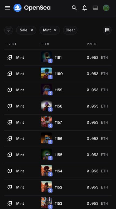 OpenSea marketplace showing recent "Mint" events for Duck NFTs, with 11 newly minted items numbered 1152-1161, each priced at 0.053 ETH, corresponding to the post's tracking of increasing duck NFT mint counts.