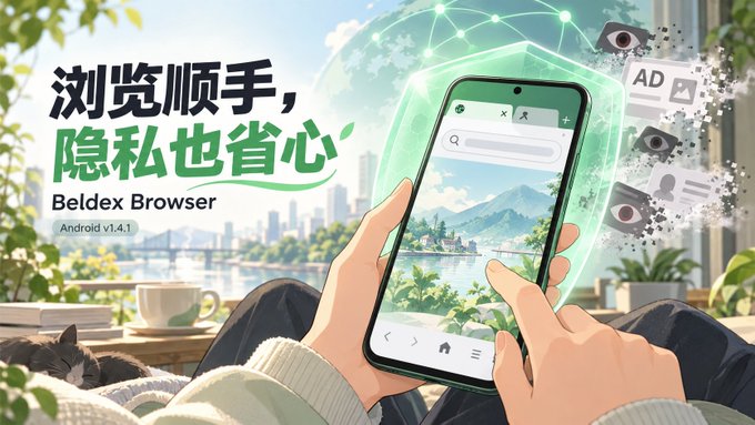 An advertisement for 'Beldex Browser' (Android v1.4.1) featuring an illustrated hand holding a phone, Chinese text promoting smooth browsing and privacy, and graphics showing ad blockers blocking surveillance icons.