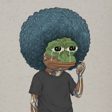 An illustration shows a green frog character with an afro hairstyle, wearing a black t-shirt, crying tears that appear to flow through exposed mechanical/anatomical features on its neck and arm.