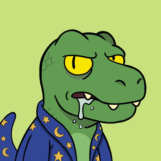 A cartoon illustration shows a green dinosaur-like creature with yellow eyes, drooling, and wearing a blue robe decorated with yellow stars and moons.