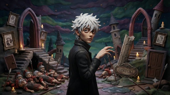 A 3D-rendered character with white spiky hair and a black coat stands in a surreal, sculpted landscape with fallen soldiers, castle arches, and a sign reading 'GINTOKI'.