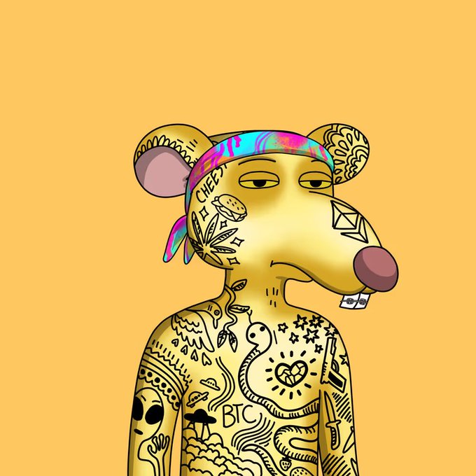 An illustration of a yellow, tattooed bear character with a tie-dye bandana, droopy eyes, a cigarette, and various body art including a snake, heart, knife, and the words 'CHEEZ' and 'BTC'.