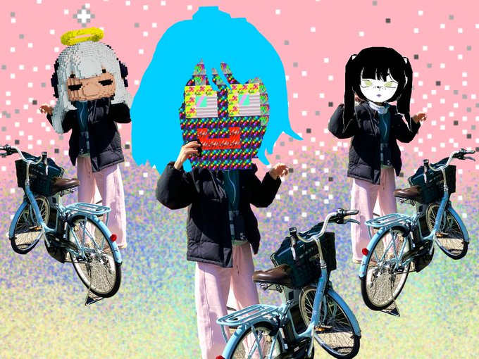 A surreal digital artwork featuring three pixelated anime-style figures with bicycles against a pink patterned background, with the central figure's face obscured by a colorful glitch pattern.