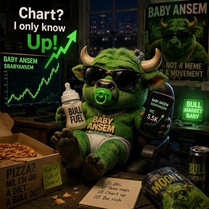 A green cartoon bull character labeled 'BABY ANSEM' ($BABYANSEM) sits in a high-traffic, working-from-home setup with text including 'Chart? I only know Up!', 'BABY ANSEM NOT A MEME A MOVEMENT', 'PIZZA? NO, I'M ON A BULL DIET', 'BULL FUEL', 'MC 5.5K', and a to-do list with 'Take naps', 'Chart up', 'Be rich'.