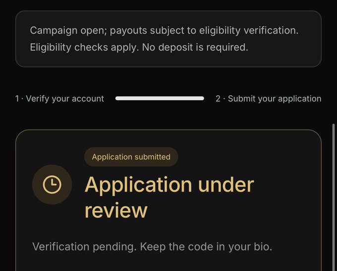 A "Free $20" Binance campaign dashboard showing "Application under review" with status "Application submitted," illustrating the post's instructions for submitting a Binance Square profile to receive a reward code.