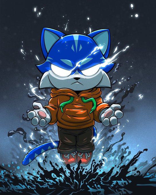 A blue anthropomorphic cat character with glowing white eyes stands in a dynamic pose, surrounded by crackling energy and dark water, wearing an orange hoodie with green drawstrings. The image's fierce, electrified stance aligns with the post's themes of conviction, power, and being "charged with purpose," visually embodying the bold "CT POLICE" persona.
