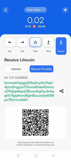A cryptocurrency wallet app screen showing a Litecoin wallet balance of 0.02 LTC (£1.10, -34.6%), displaying a receive address and QR code with a 'Receive Privately' option.