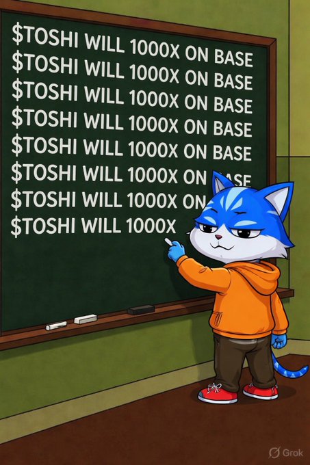 The image features a cartoon cat standing next to a blackboard with the text "TOSHI WILL $TOSHI WILL 100X ON BASE The blue cat is in class teaching the syllabus. While others are still learning, we're writing it on the damn board." written above the cat's head and below the cat's feet. The cat appears to be pointing at a blackboard with numbers on it, suggesting that they are discussing or reviewing the content displayed on the board.