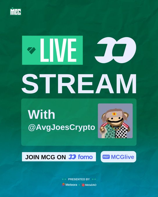 The image is a green promotional graphic for an MCG Live Stream featuring @AvgJoesCrypto, with a cartoon monkey avatar, and notes the stream is "JOIN MCG ON fomo" with a "MCGLive" referral code, presented by Metora and MetaDAO. It relates to the post by announcing the live stream event scheduled for Thursday, 10th September at 12:30PM EDT, powered by MetaDAO, and provides viewers with the link to tune in.