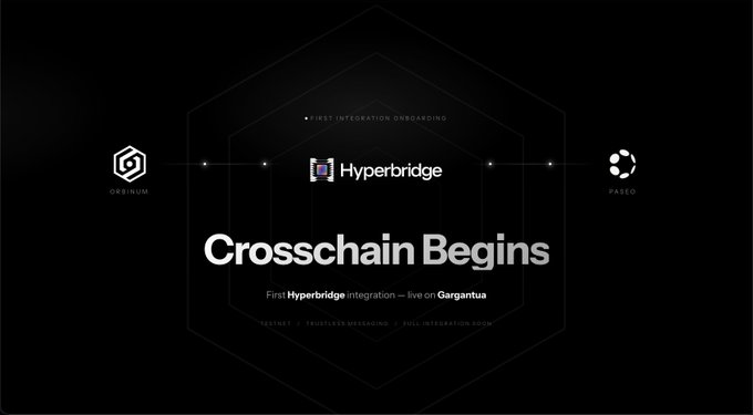 Dark promotional graphic titled 'Crosschain Begins' announcing the first Hyperbridge integration live on Gargantua, connecting Ooctum and Paolo logos.