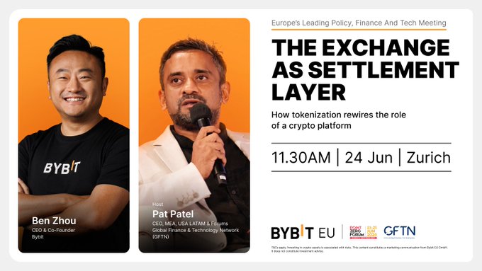 The image features a poster for a conference titled "The Exchange As Settlement Layer" with two men's faces on it, one of whom is holding a microphone. The text on the poster indicates that the event will take place at 11:30 am in Zurich on June 24th and that there are three speakers scheduled to present their ideas about tokenization and its impact on the exchange process.