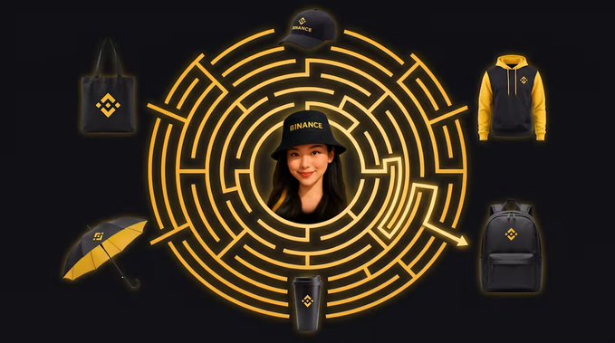 A promotional graphic features a woman wearing a Binance bucket hat at the center of a yellow maze, surrounded by branded merchandise including a tote bag, umbrella, hoodie, backpack, and tumbler.