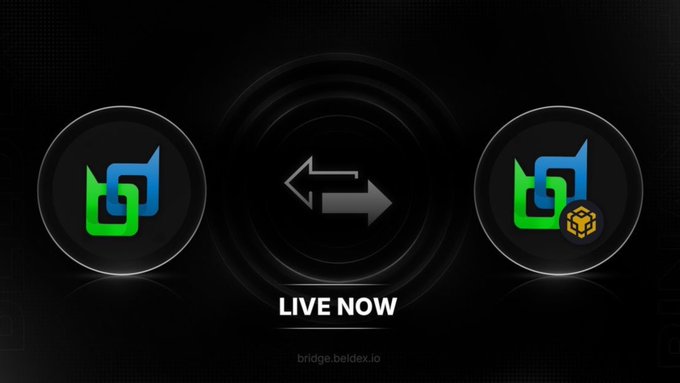A 'LIVE NOW' promotional graphic from bridge.beldex.io showing two app icons connected by arrows, indicating token bridging or swapping.