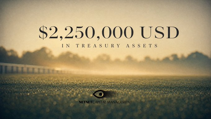 A promotional graphic displays '$2,250,000 USD IN TREASURY ASSETS' over a misty field at sunrise, with the 'NETNET CAPITAL MANAGEMENT' logo at the bottom.