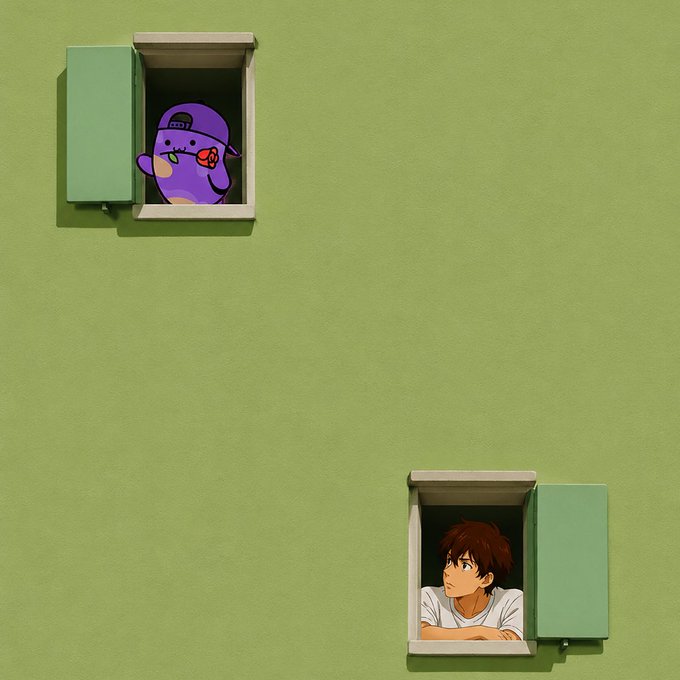 An anime-style illustration showing a boy with brown hair looking out of a lower window and a purple cartoon character with a cap and pacifier looking out of an upper window on a plain green wall.