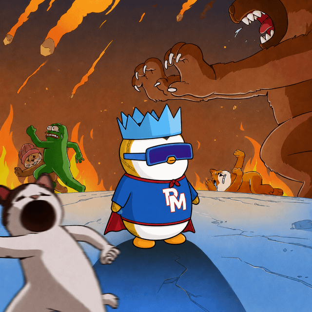 An animated cartoon scene featuring a chubby character with a blue crown, sunglasses, and 'RM' shirt standing on a platform amid a fiery apocalyptic background with various meme characters including Pepe the Frog.