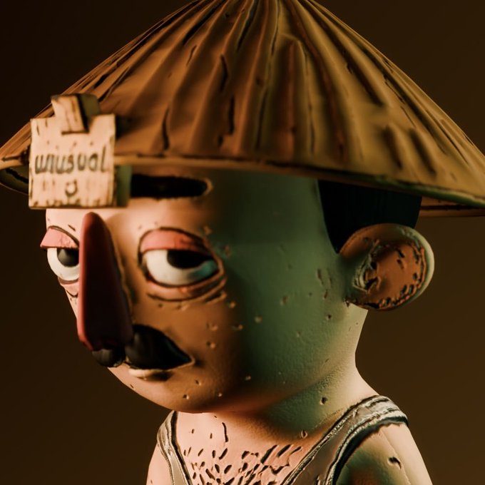 A 3D-rendered character wearing a conical straw hat holds a sign reading "1000$," visually representing the volatile financial aspirations associated with NFTs. The stylized, claymation-like figure with an exaggerated nose and wide eyes satirizes the often unrealistic profit expectations in the NFT market.