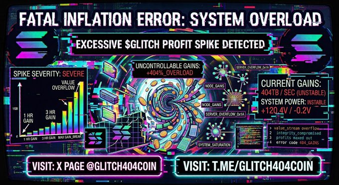 A stylized 'glitch art' crypto promotional graphic warning of 'FATAL INFLATION ERROR: SYSTEM OVERLOAD' and 'EXCESSIVE $GLITCH PROFIT SPIKE DETECTED,' directing users to @GLITCH404COIN on X and Telegram.