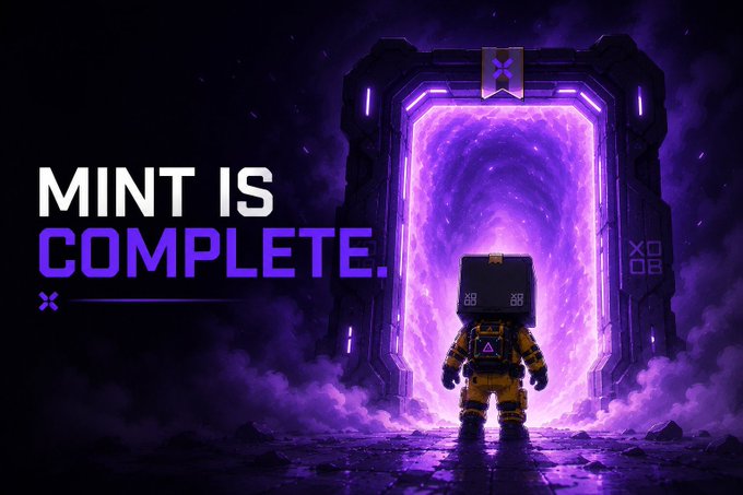 A digital artwork featuring a small astronaut figure facing a glowing purple portal framed by mechanical doors, with the text 'MINT IS COMPLETE' displayed prominently on the left side.