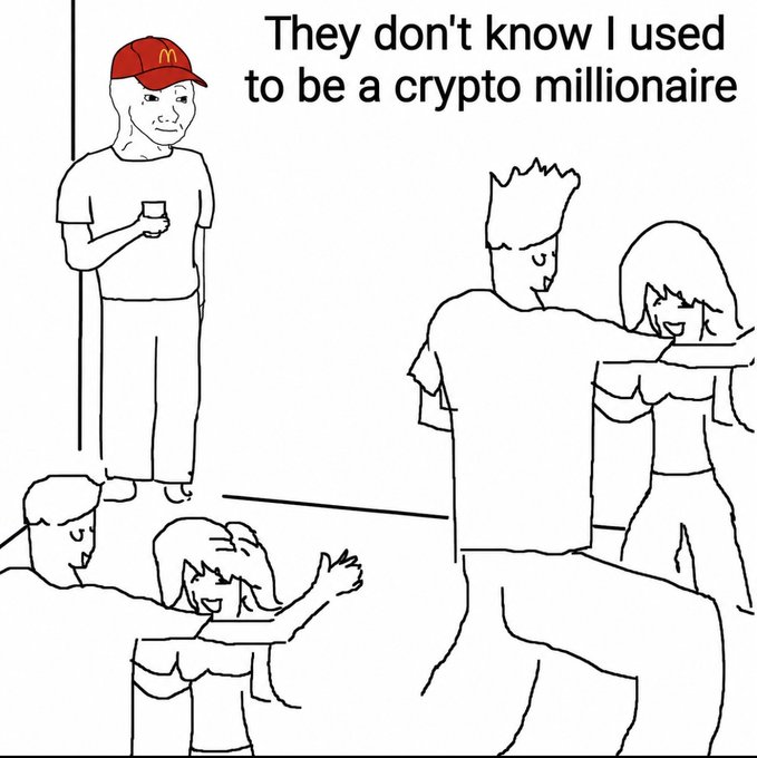 A meme showing a man in a McDonald's hat standing alone with a drink while a party happens around him, with the text 'They don't know I used to be a crypto millionaire'.
