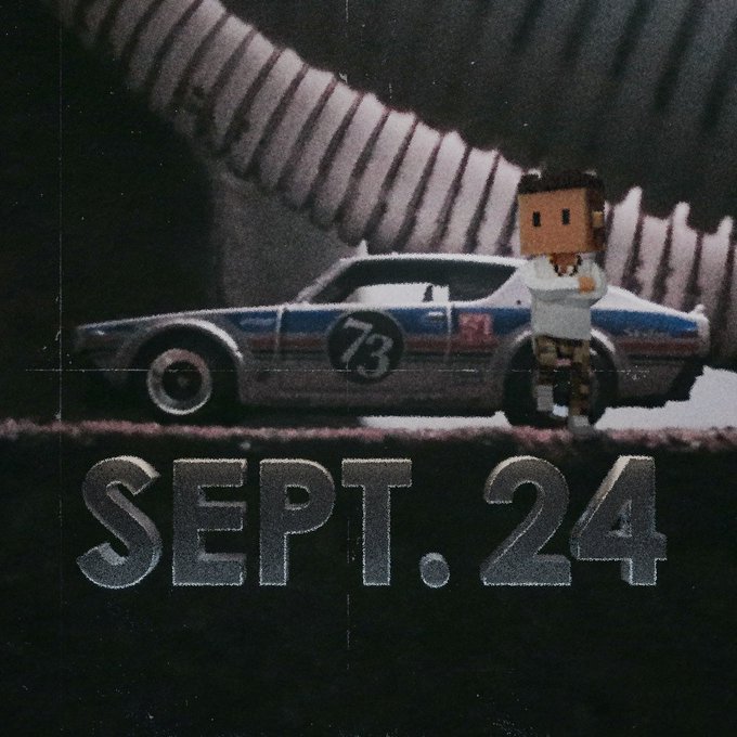 A vintage-style poster showing a small character figure standing next to a race car numbered '73' with the text 'SEPT. 24' below.