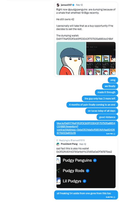 The image shows a screenshot of a social media post from @pudgypenguins, which appears to be a conversation or discussion about penguins. The post includes text messages with various topics such as "right now", "jump because of", and "flight". There are also images of penguins in the posts. The post is written in blue text on a white background, making it easy to read and understand.